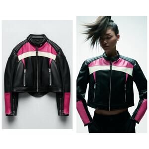 Zara Black Pink Motorcycle Biker Jacket Size Large Vegan Leather Grunge Gothic